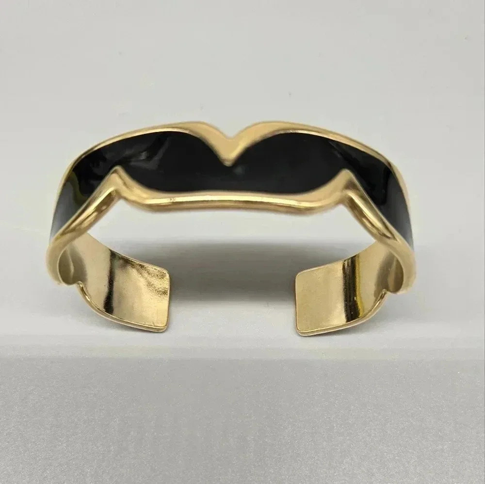 #343 Vintage black enamel wave stripe shiny gold tone - Picture 3 of 4